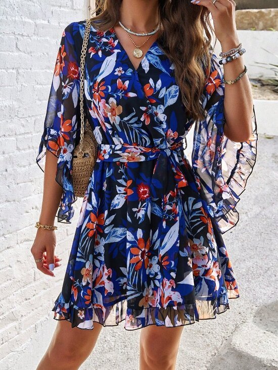 Dresses & Skirts - Black Boho Women's Printed Mini Dress with Flare Sleeves and Belt